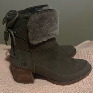 UGG AUSTRALIA FUR TOP HEEL BOOTS WITH BACK TIE